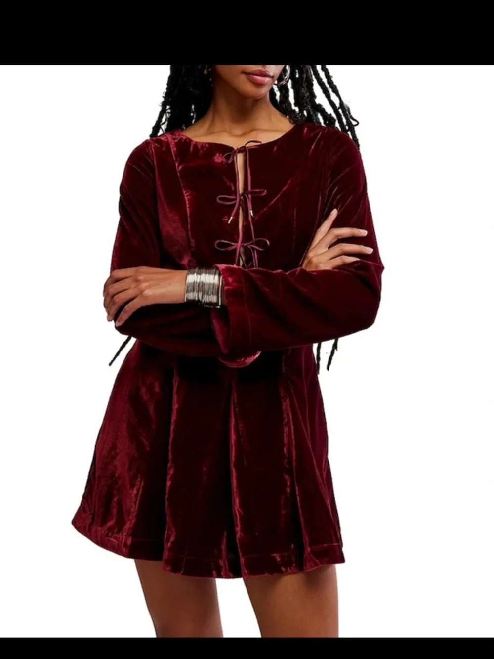 NWT free people Linney V-Neck Tie Front Long Sleeve Velvet Mini Dress